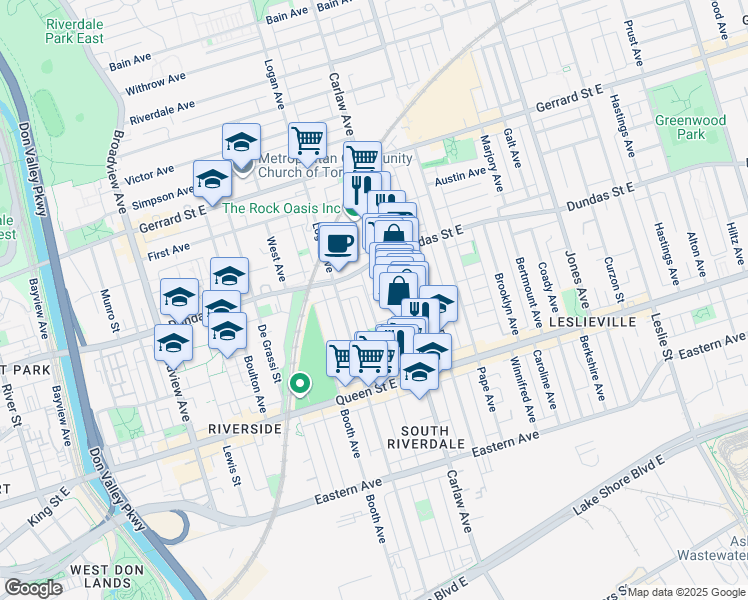 map of restaurants, bars, coffee shops, grocery stores, and more near 276 Carlaw Avenue in Toronto