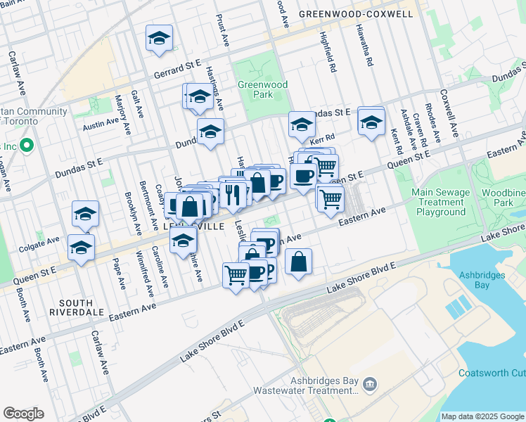 map of restaurants, bars, coffee shops, grocery stores, and more near in Toronto