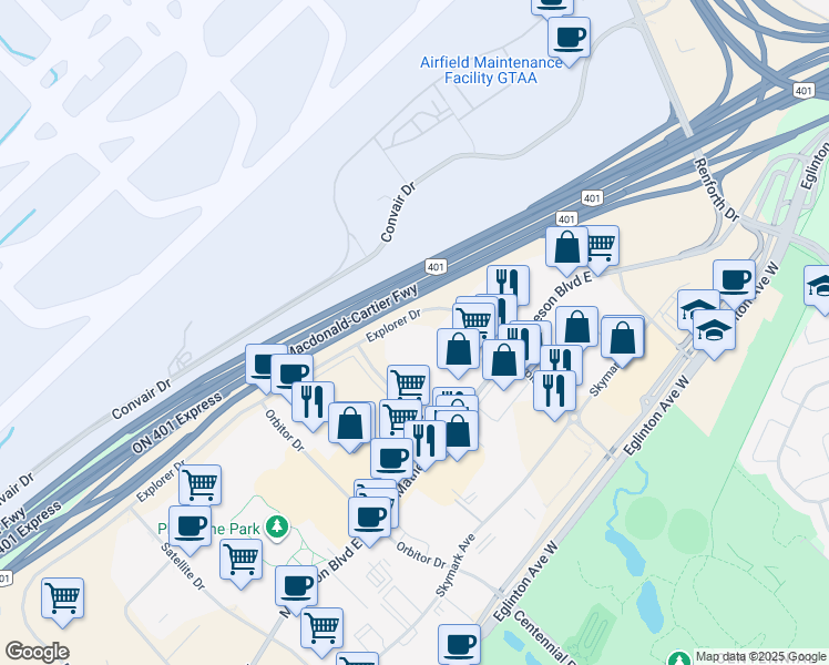 map of restaurants, bars, coffee shops, grocery stores, and more near 5300 Explorer Drive in Mississauga