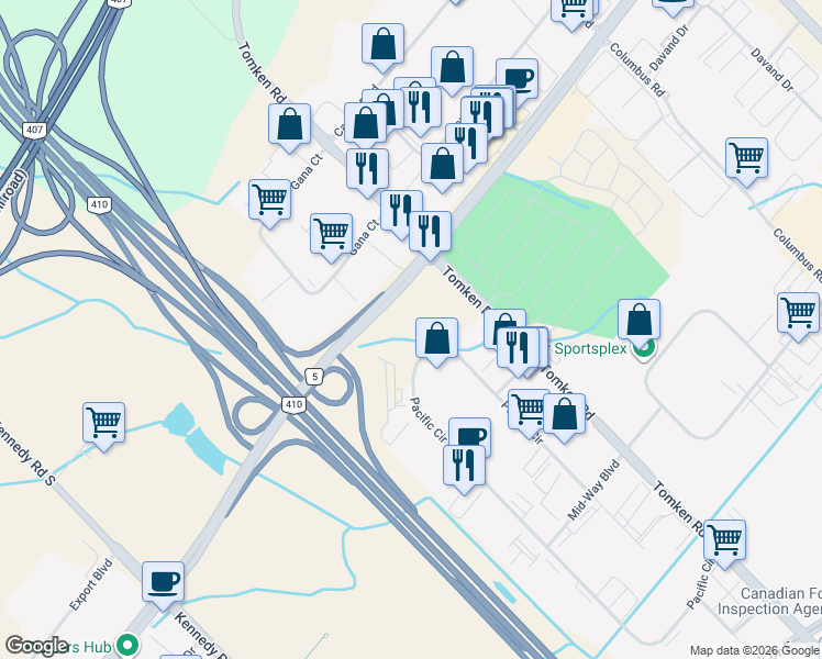 map of restaurants, bars, coffee shops, grocery stores, and more near 6975 Pacific Circle in Mississauga