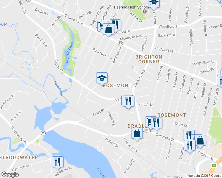 map of restaurants, bars, coffee shops, grocery stores, and more near 38 Redlon Park Road in Portland