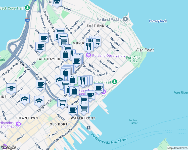 map of restaurants, bars, coffee shops, grocery stores, and more near 20 Sheridan Street in Portland