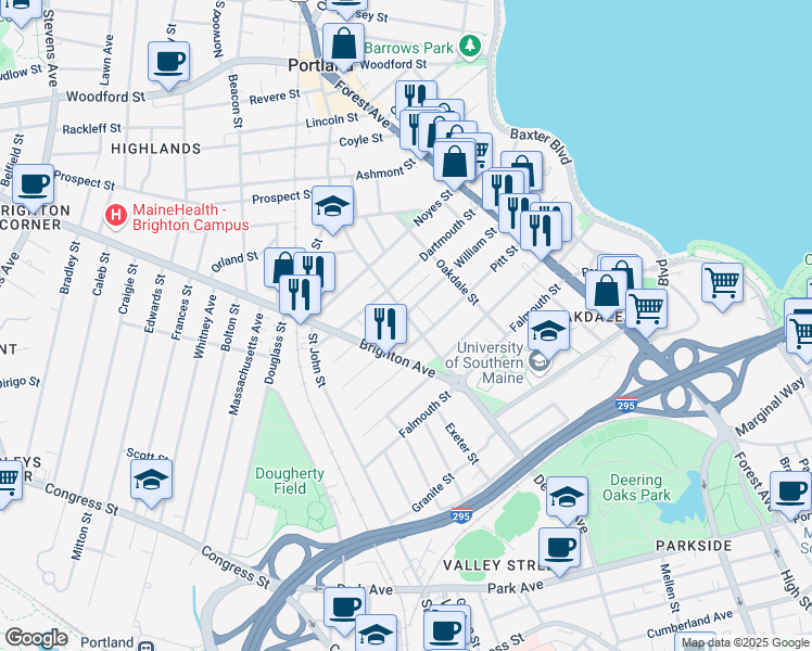 map of restaurants, bars, coffee shops, grocery stores, and more near 118 William Street in Portland