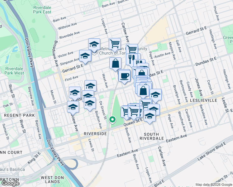 map of restaurants, bars, coffee shops, grocery stores, and more near 8 Paisley Avenue in Toronto