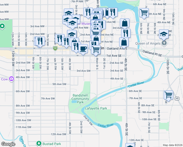 map of restaurants, bars, coffee shops, grocery stores, and more near 107 3rd Avenue Southwest in Austin