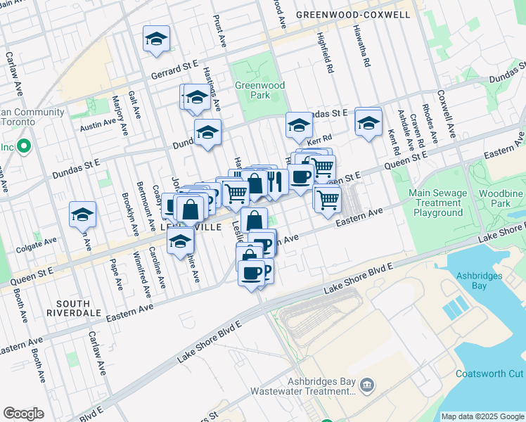 map of restaurants, bars, coffee shops, grocery stores, and more near 1285 Queen Street East in Toronto