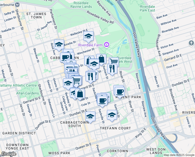 map of restaurants, bars, coffee shops, grocery stores, and more near 21 Gifford Street in Toronto