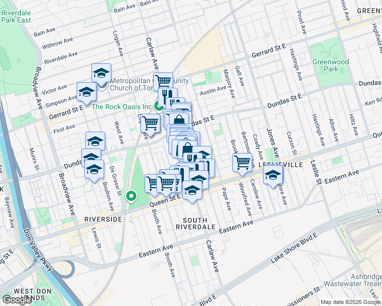 map of restaurants, bars, coffee shops, grocery stores, and more near 235 Carlaw Avenue in Toronto
