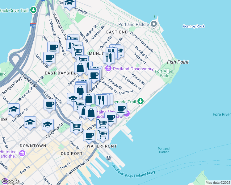 map of restaurants, bars, coffee shops, grocery stores, and more near 20 Sheridan Street in Portland