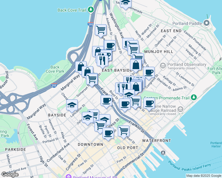 map of restaurants, bars, coffee shops, grocery stores, and more near 33 Mayo Street in Portland