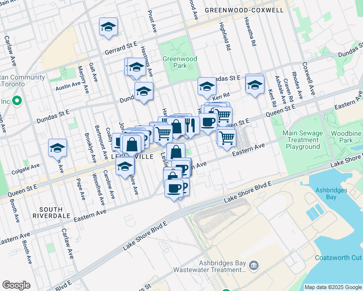 map of restaurants, bars, coffee shops, grocery stores, and more near in Toronto