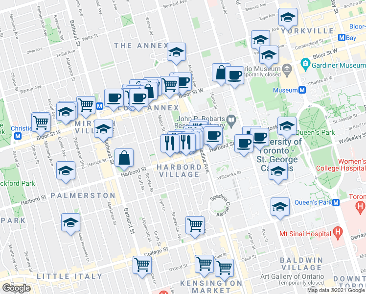 map of restaurants, bars, coffee shops, grocery stores, and more near in Toronto