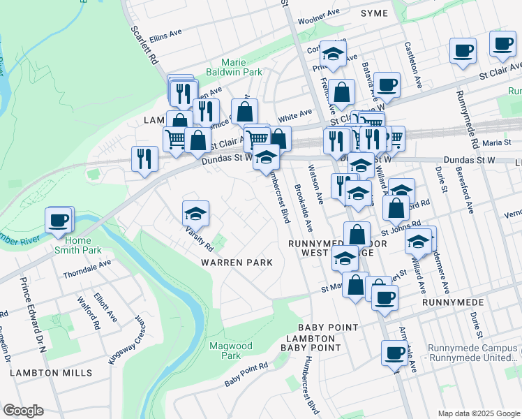 map of restaurants, bars, coffee shops, grocery stores, and more near 3 Kentucky Avenue in Toronto