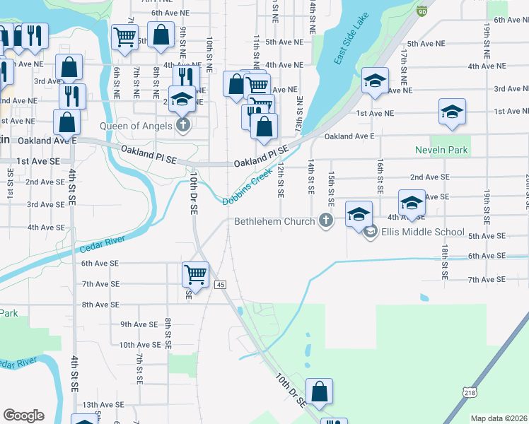 map of restaurants, bars, coffee shops, grocery stores, and more near 1217 4th Avenue Southeast in Austin