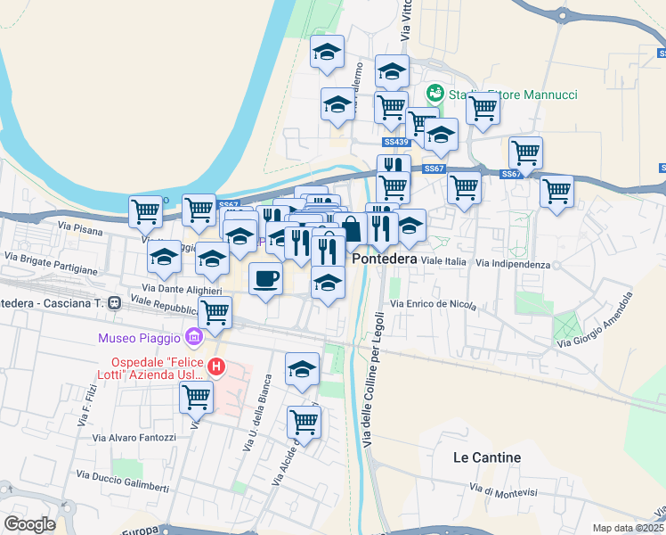 map of restaurants, bars, coffee shops, grocery stores, and more near 11 Piazza Martiri della Libertà in Pontedera