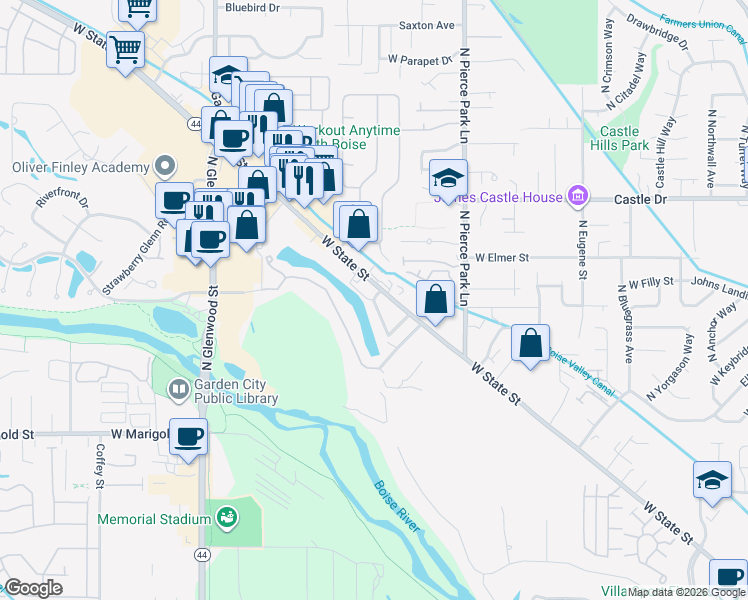 map of restaurants, bars, coffee shops, grocery stores, and more near 6649 West Lakeside Drive in Garden City