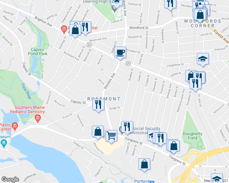 map of restaurants, bars, coffee shops, grocery stores, and more near 17 Coachlight Lane in Portland
