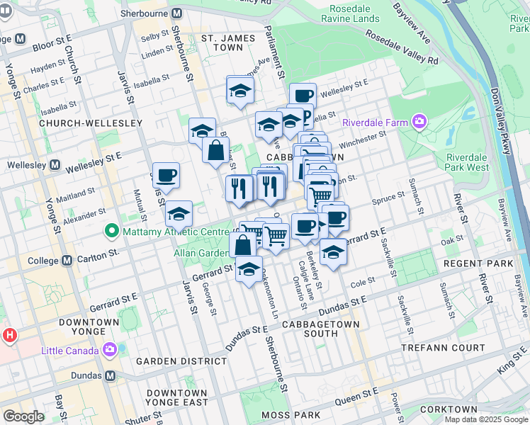 map of restaurants, bars, coffee shops, grocery stores, and more near 185 Carlton Street in Toronto