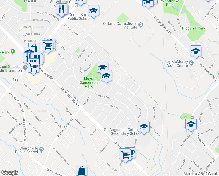 map of restaurants, bars, coffee shops, grocery stores, and more near 16 Troutbeck Crescent in Brampton