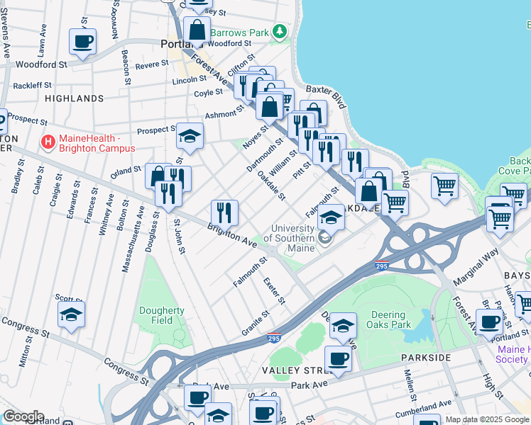 map of restaurants, bars, coffee shops, grocery stores, and more near 92 Pitt Street in Portland