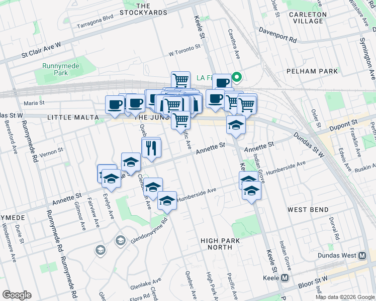 map of restaurants, bars, coffee shops, grocery stores, and more near 340 Pacific Avenue in Toronto
