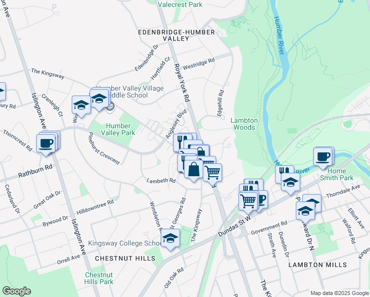 map of restaurants, bars, coffee shops, grocery stores, and more near 291 The Kingsway in Toronto