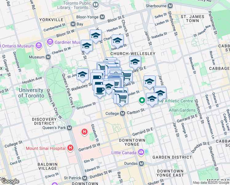 map of restaurants, bars, coffee shops, grocery stores, and more near 510 Yonge Street in Toronto