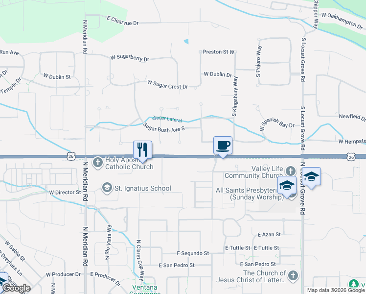 map of restaurants, bars, coffee shops, grocery stores, and more near 3494 South Sugar Loaf Place in Eagle