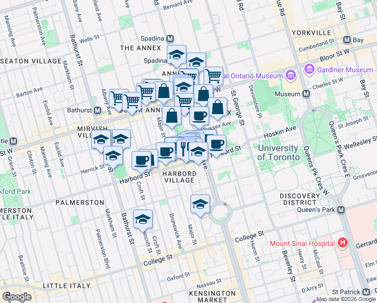 map of restaurants, bars, coffee shops, grocery stores, and more near 156 Sussex Mews in Toronto