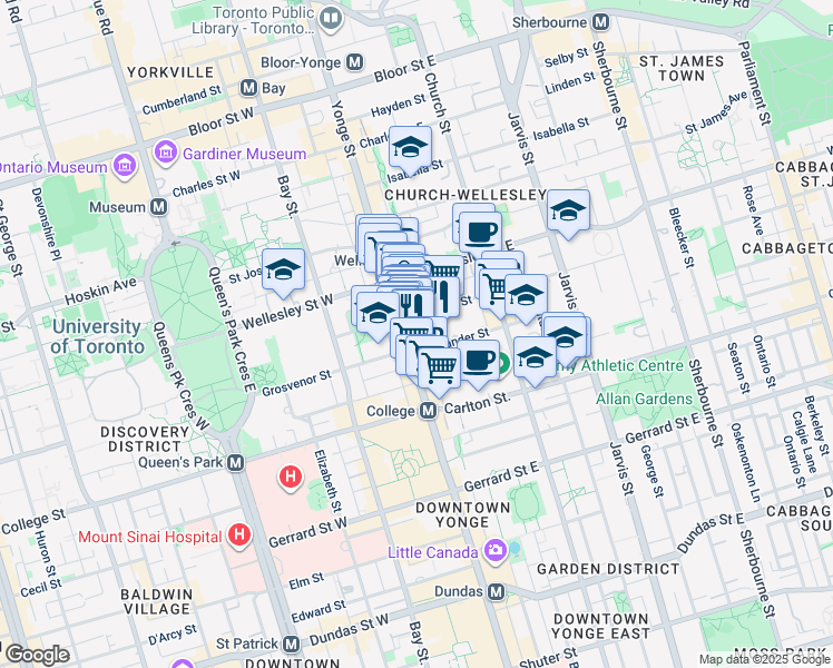 map of restaurants, bars, coffee shops, grocery stores, and more near 479 Yonge Street in Toronto