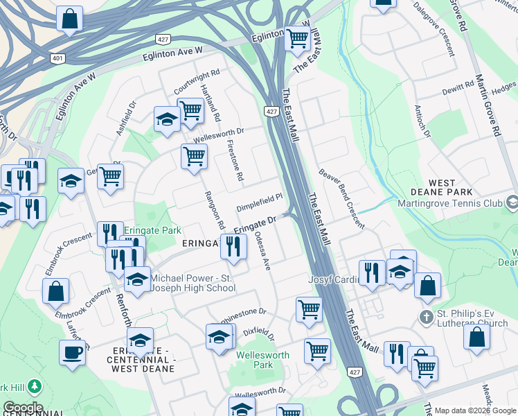 map of restaurants, bars, coffee shops, grocery stores, and more near 21 Dimplefield Place in Toronto