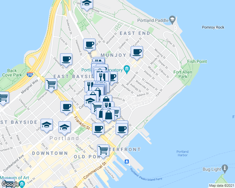 map of restaurants, bars, coffee shops, grocery stores, and more near 4 Ponce Street in Portland