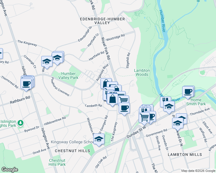 map of restaurants, bars, coffee shops, grocery stores, and more near 293 The Kingsway in Toronto