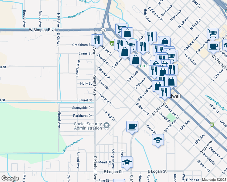map of restaurants, bars, coffee shops, grocery stores, and more near 515 Grant Street in Caldwell