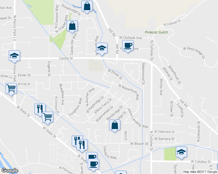 map of restaurants, bars, coffee shops, grocery stores, and more near 5282 West Keybridge Drive in Boise