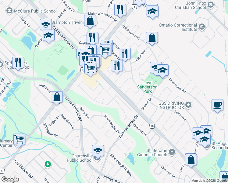 map of restaurants, bars, coffee shops, grocery stores, and more near 96 Hashmi Place in Brampton