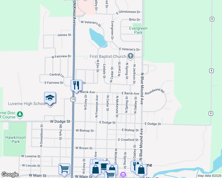 map of restaurants, bars, coffee shops, grocery stores, and more near 908 North Cedar Street in Luverne