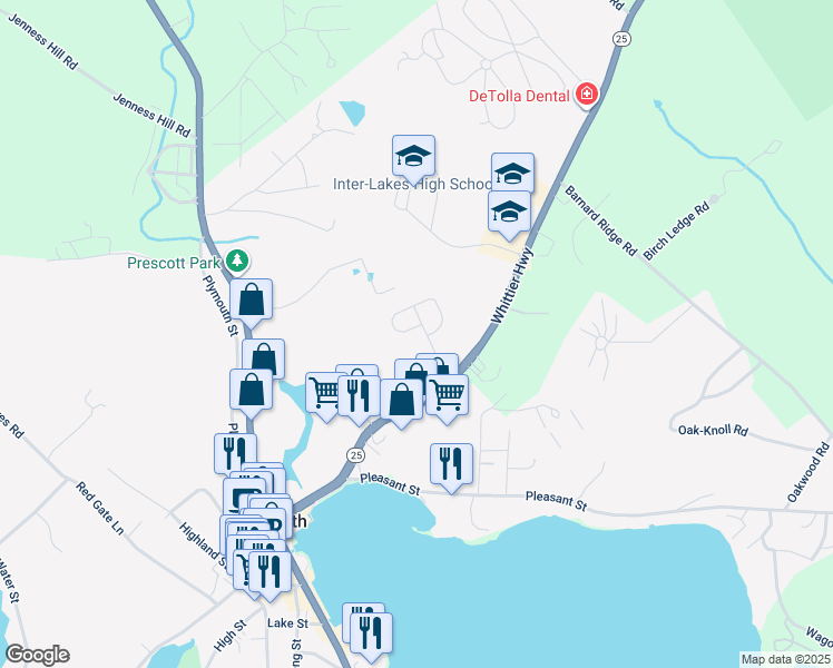 map of restaurants, bars, coffee shops, grocery stores, and more near 4 Emily Circle in Meredith