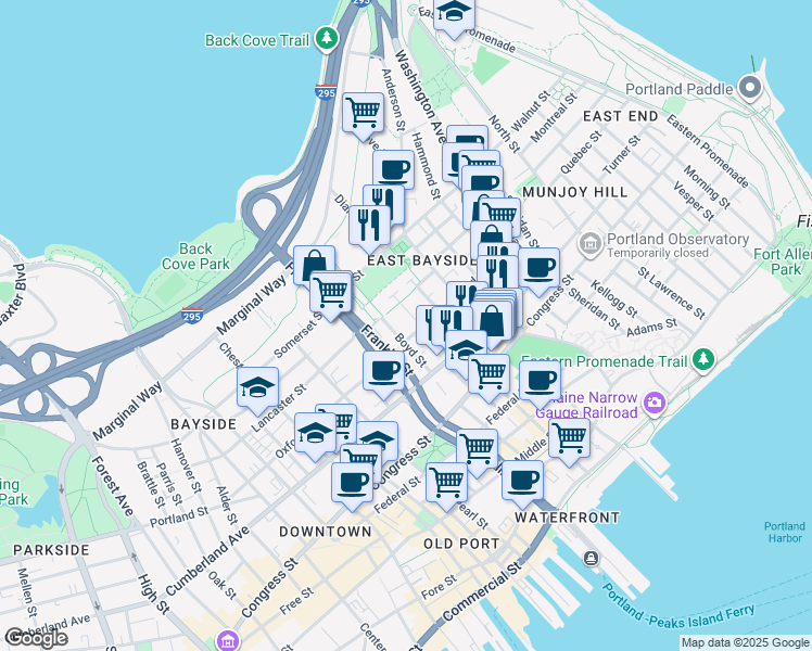 map of restaurants, bars, coffee shops, grocery stores, and more near 33 Mayo Street in Portland