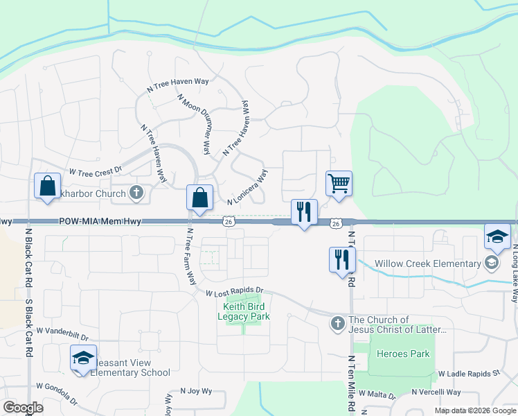 map of restaurants, bars, coffee shops, grocery stores, and more near 3651 West Sand Wedge Street in Meridian