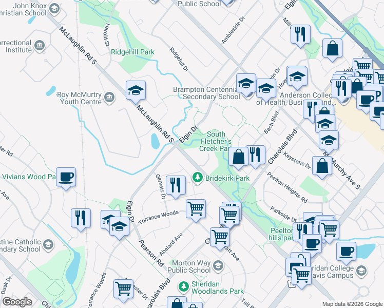 map of restaurants, bars, coffee shops, grocery stores, and more near 8351 McLaughlin Road in Brampton