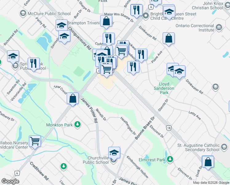 map of restaurants, bars, coffee shops, grocery stores, and more near 12 Fitzgibson Street in Brampton