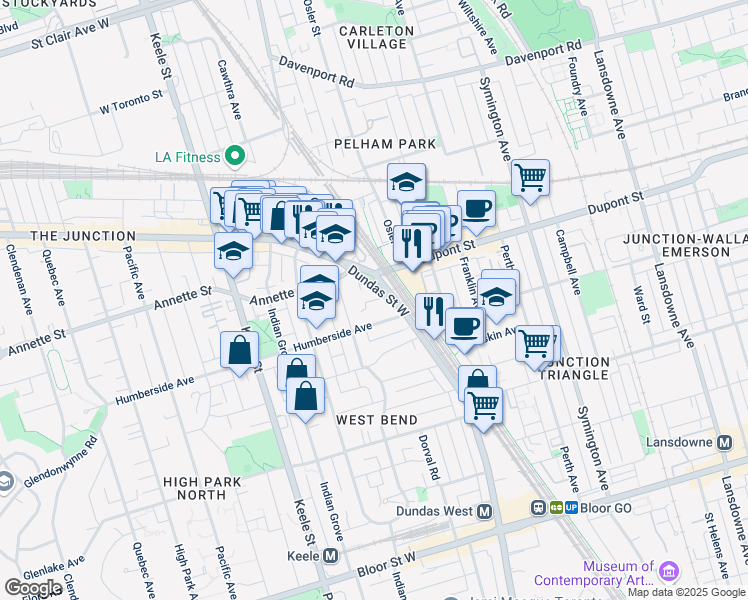 map of restaurants, bars, coffee shops, grocery stores, and more near 2625 Dundas Street West in Mississauga