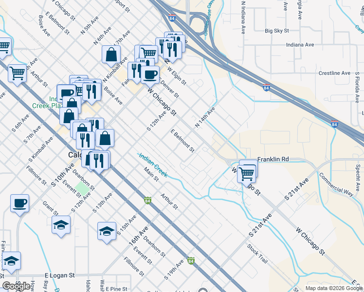 map of restaurants, bars, coffee shops, grocery stores, and more near 220 N 14th Ave in Caldwell