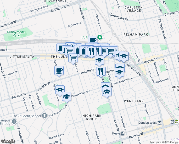 map of restaurants, bars, coffee shops, grocery stores, and more near 135 Annette Street in Toronto