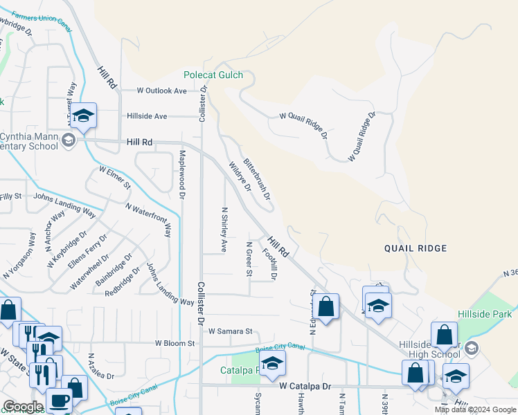 map of restaurants, bars, coffee shops, grocery stores, and more near 4531 Hill Road in Boise