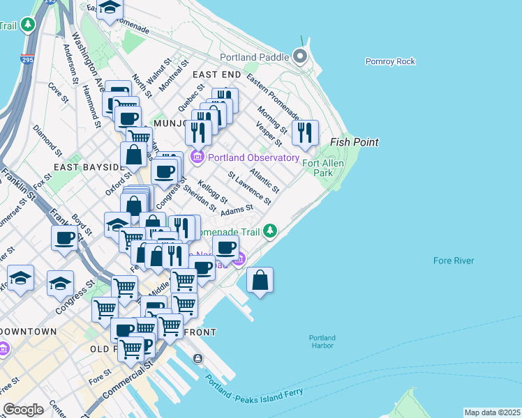 map of restaurants, bars, coffee shops, grocery stores, and more near 8 Adams Street in Portland