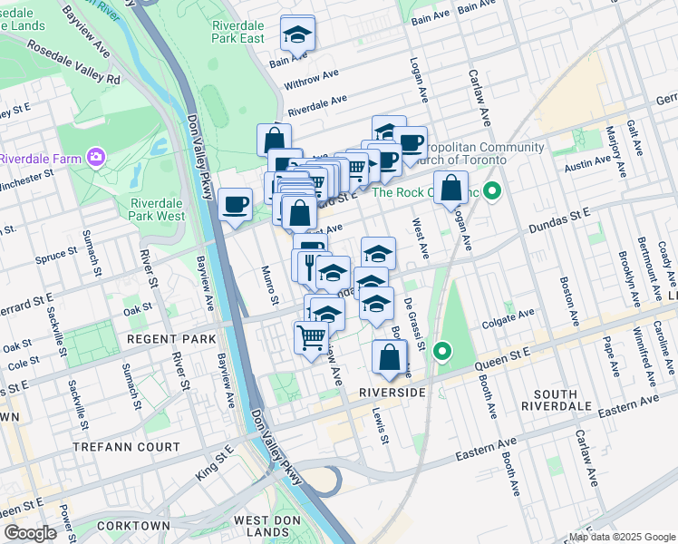 map of restaurants, bars, coffee shops, grocery stores, and more near in Toronto