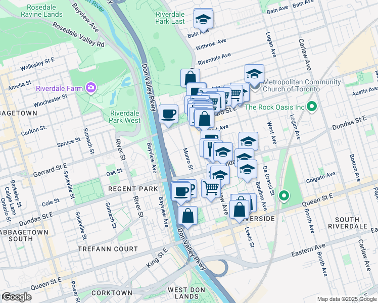 map of restaurants, bars, coffee shops, grocery stores, and more near in Toronto