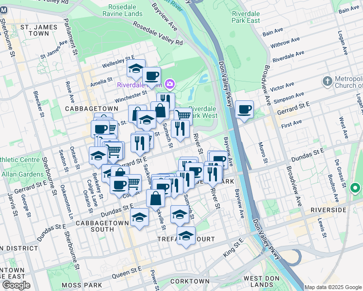map of restaurants, bars, coffee shops, grocery stores, and more near in Toronto